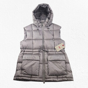 Levi’s Light Gray Hooded Puffer Vest Zip Front Drawstring Waist NWT Size Medium